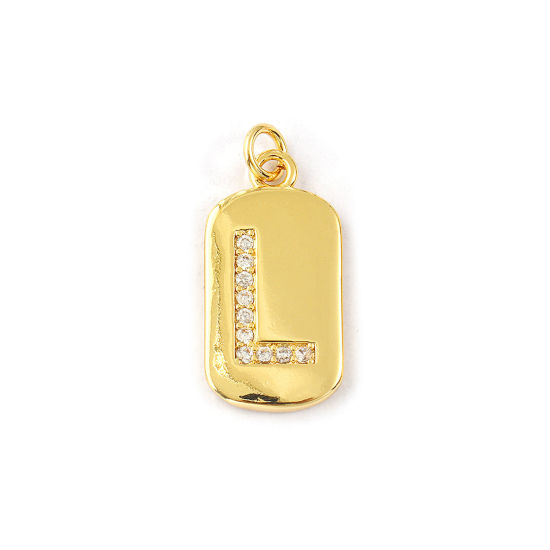 Imagen de 1 Piece Eco-friendly Brass Capital Alphabet Initial Letter Name Charms 14K Real Gold Plated Rectangle Message " L " Micro Pave Clear Cubic Zirconia 26mm x 12mm