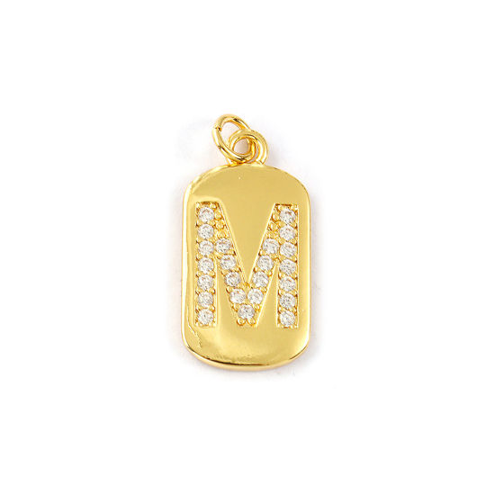 Imagen de 1 Piece Eco-friendly Brass Capital Alphabet Initial Letter Name Charms 14K Real Gold Plated Rectangle Message " M " Micro Pave Clear Cubic Zirconia 26mm x 12mm