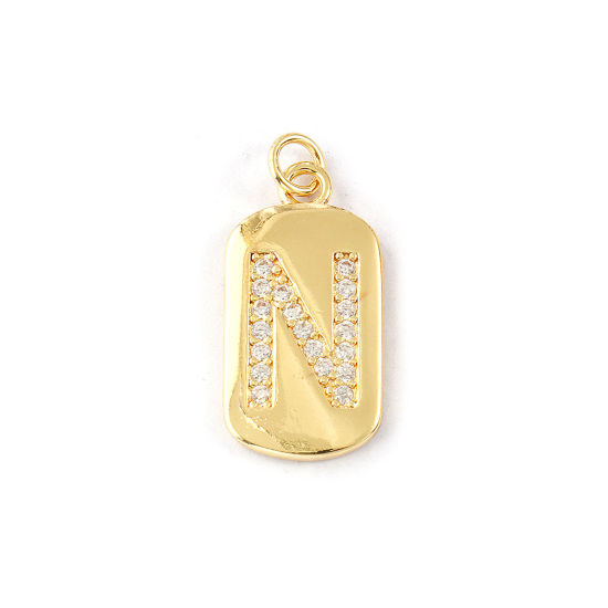 Imagen de 1 Piece Eco-friendly Brass Capital Alphabet Initial Letter Name Charms 14K Real Gold Plated Rectangle Message " N " Micro Pave Clear Cubic Zirconia 26mm x 12mm