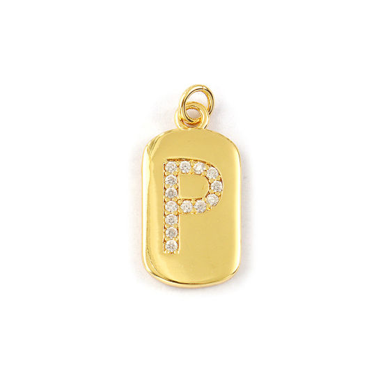 Imagen de 1 Piece Eco-friendly Brass Capital Alphabet Initial Letter Name Charms 14K Real Gold Plated Rectangle Message " P " Micro Pave Clear Cubic Zirconia 26mm x 12mm