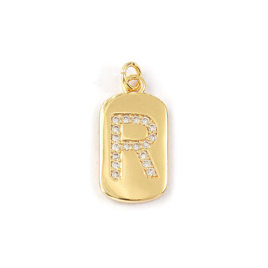 Imagen de 1 Piece Eco-friendly Brass Capital Alphabet Initial Letter Name Charms 14K Real Gold Plated Rectangle Message " R " Micro Pave Clear Cubic Zirconia 26mm x 12mm