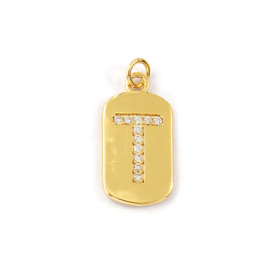Imagen de 1 Piece Eco-friendly Brass Capital Alphabet Initial Letter Name Charms 14K Real Gold Plated Rectangle Message " T " Micro Pave Clear Cubic Zirconia 26mm x 12mm