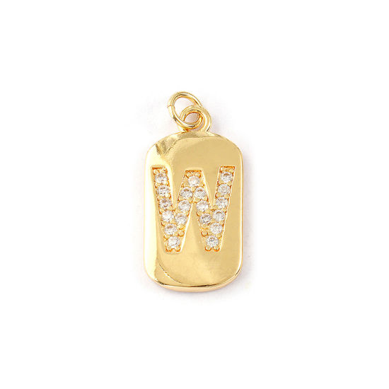 Imagen de 1 Piece Eco-friendly Brass Capital Alphabet Initial Letter Name Charms 14K Real Gold Plated Rectangle Message " W " Micro Pave Clear Cubic Zirconia 26mm x 12mm