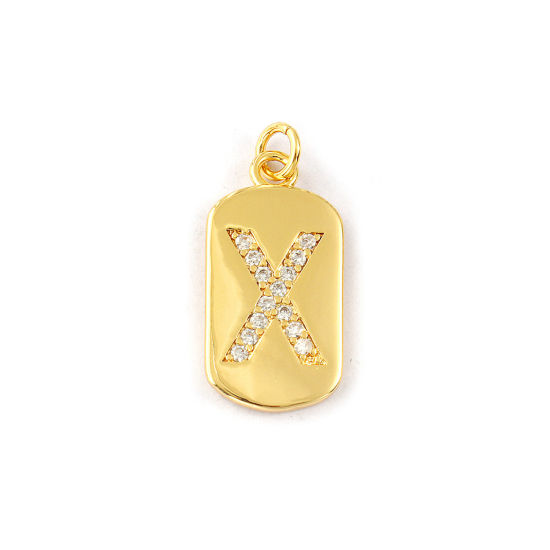 Imagen de 1 Piece Eco-friendly Brass Capital Alphabet Initial Letter Name Charms 14K Real Gold Plated Rectangle Message " X " Micro Pave Clear Cubic Zirconia 26mm x 12mm