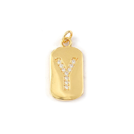 Imagen de 1 Piece Eco-friendly Brass Capital Alphabet Initial Letter Name Charms 14K Real Gold Plated Rectangle Message " Y " Micro Pave Clear Cubic Zirconia 26mm x 12mm