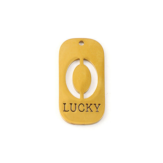 Picture of 2 PCs Eco-friendly PVD Vacuum Plating 304 Stainless Steel Pendants 18K Real Gold Plated Rectangle Lucky Number Message " 0 " Mirror Polishing 3.5cm x 1.7cm