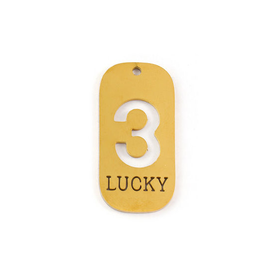 Picture of 2 PCs Eco-friendly PVD Vacuum Plating 304 Stainless Steel Pendants 18K Real Gold Plated Rectangle Lucky Number Message " 3 " Mirror Polishing 3.5cm x 1.7cm