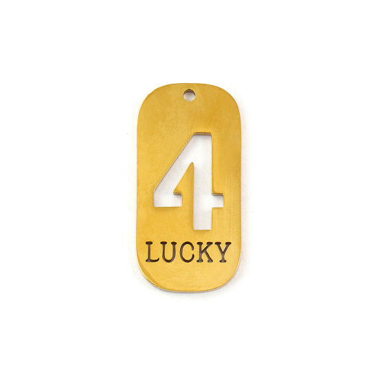 Picture of 2 PCs Eco-friendly PVD Vacuum Plating 304 Stainless Steel Pendants 18K Real Gold Plated Rectangle Lucky Number Message " 4 " Mirror Polishing 3.5cm x 1.7cm