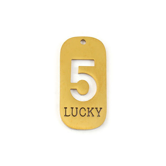 Picture of 2 PCs Eco-friendly PVD Vacuum Plating 304 Stainless Steel Pendants 18K Real Gold Plated Rectangle Lucky Number Message " 5 " Mirror Polishing 3.5cm x 1.7cm
