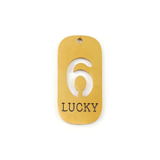 Picture of 2 PCs Eco-friendly PVD Vacuum Plating 304 Stainless Steel Pendants 18K Real Gold Plated Rectangle Lucky Number Message " 6 " Mirror Polishing 3.5cm x 1.7cm