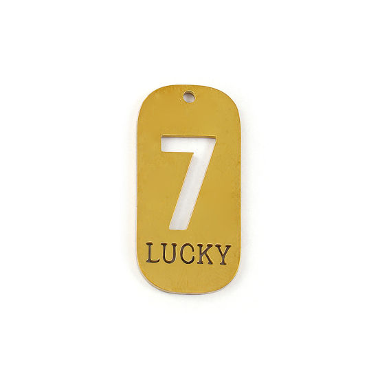 Picture of 2 PCs Eco-friendly PVD Vacuum Plating 304 Stainless Steel Pendants 18K Real Gold Plated Rectangle Lucky Number Message " 7 " Mirror Polishing 3.5cm x 1.7cm