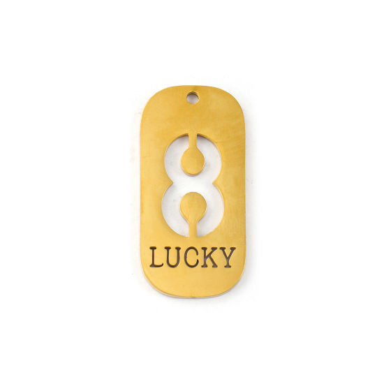 Picture of 2 PCs Eco-friendly PVD Vacuum Plating 304 Stainless Steel Pendants 18K Real Gold Plated Rectangle Lucky Number Message " 8 " Mirror Polishing 3.5cm x 1.7cm