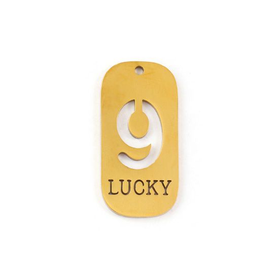 Picture of 2 PCs Eco-friendly PVD Vacuum Plating 304 Stainless Steel Pendants 18K Real Gold Plated Rectangle Lucky Number Message " 9 " Mirror Polishing 3.5cm x 1.7cm