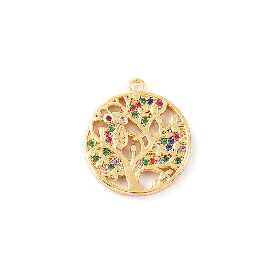 Picture of 1 Piece Eco-friendly Brass Charms 18K Real Gold Plated Round Disc Tree of Life Micro Pave Multicolour Cubic Zirconia 20mm x 17mm