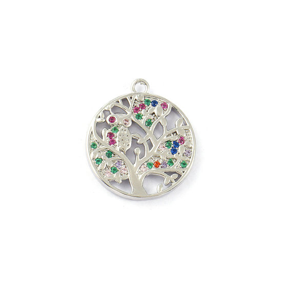 Picture of 1 Piece Eco-friendly Brass Charms Real Platinum Plated Round Disc Tree of Life Micro Pave Multicolour Cubic Zirconia 20mm x 17mm