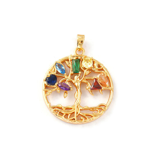 Picture of 1 Piece Eco-friendly Brass Pendants 18K Real Gold Plated Round Disc Tree of Life Micro Pave Multicolour Cubic Zirconia 3.3cm x 2.5cm