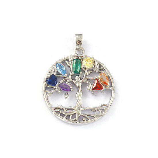 Picture of 1 Piece Eco-friendly Brass Pendants Real Platinum Plated Round Disc Tree of Life Micro Pave Multicolour Cubic Zirconia 3.3cm x 2.5cm