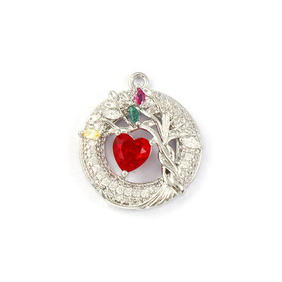 Picture of 1 Piece Eco-friendly Brass Valentine's Day Charms Real Platinum Plated Round Tree of Life Micro Pave Red Cubic Zirconia 22.5mm x 20mm