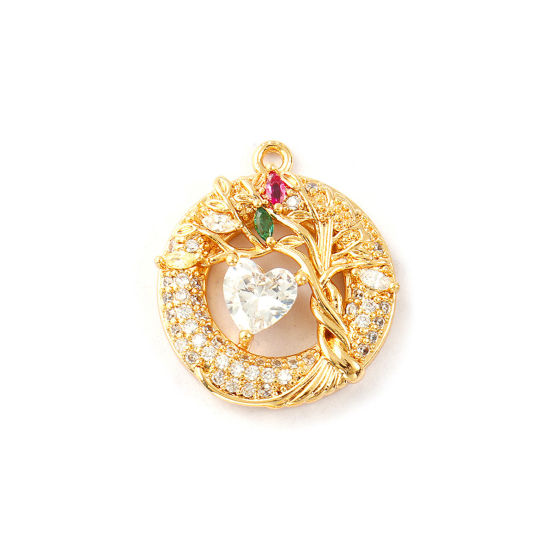 Picture of 1 Piece Eco-friendly Brass Valentine's Day Charms 18K Real Gold Plated Round Tree of Life Micro Pave Clear Cubic Zirconia 22.5mm x 20mm