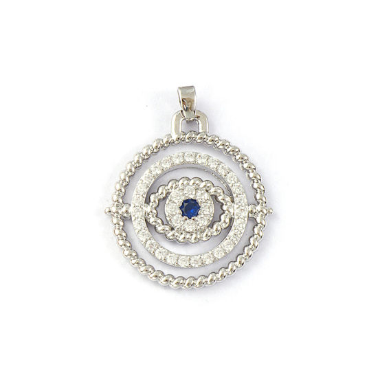 Picture of 1 Piece Eco-friendly Brass Religious Pendants Real Platinum Plated Round Evil Eye Micro Pave Royal Blue Cubic Zirconia 3.2cm x 2.6cm