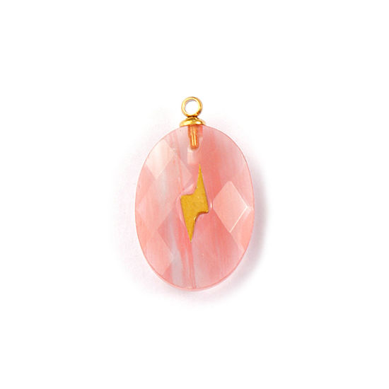 Изображение 1 Piece Eco-friendly 304 Stainless Steel & Gemstone Geometric Charms Gold Plated Pink Oval Lightning 22mm x 13mm