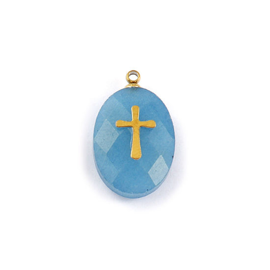 Bild von 1 Piece Eco-friendly 304 Stainless Steel & Gemstone Geometric Charms Gold Plated Skyblue Oval Cross 22mm x 13mm