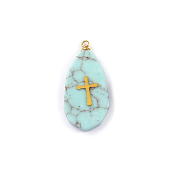 Bild von 1 Piece Eco-friendly 304 Stainless Steel & Gemstone Geometric Charms Gold Plated Green Blue Drop Cross 27mm x 13mm