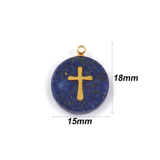 Bild von 1 Piece Eco-friendly 304 Stainless Steel & Gemstone Geometric Charms Gold Plated Dark Blue Round Disc Cross 18mm x 15mm