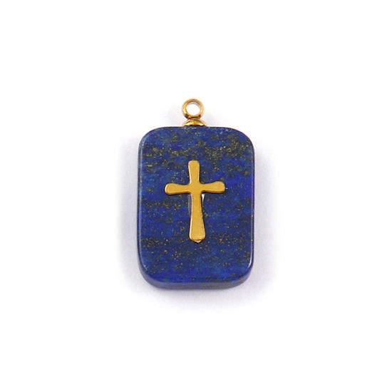 Bild von 1 Piece Eco-friendly 304 Stainless Steel & Gemstone Geometric Charms Gold Plated Dark Blue Rectangle Cross 21mm x 13mm
