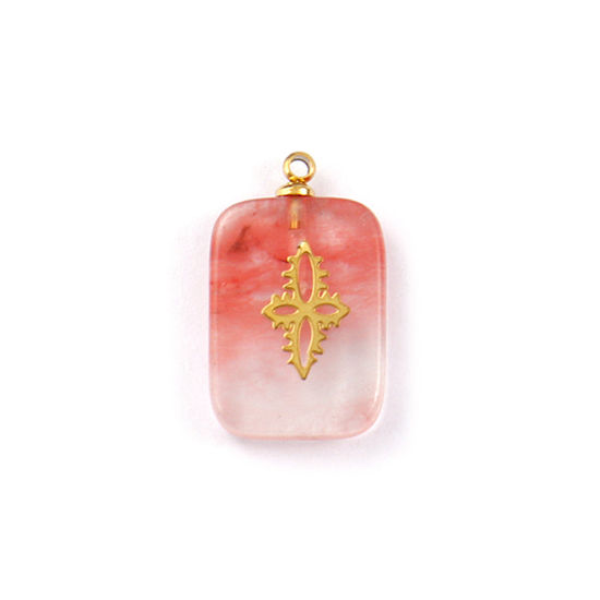 Bild von 1 Piece Eco-friendly 304 Stainless Steel & Gemstone Geometric Charms Gold Plated Pink Rectangle Cross 21mm x 13mm