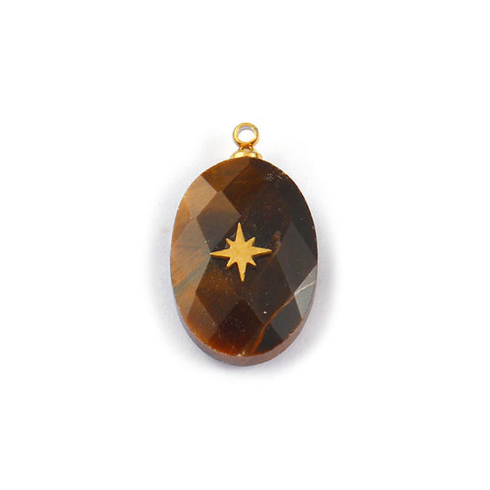 Изображение 1 Piece Eco-friendly 304 Stainless Steel & Gemstone Geometric Charms Gold Plated Brown Oval Star 22mm x 13mm