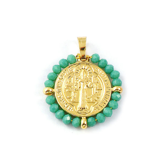 Immagine di 1 Pz Placcatura Sottovuoto PVD Ecologica 304 Acciaio Inossidabile & Vetro Religione Ciondoli Pendenti 18K Vero Oro Placcato Verde Tondo Disco Medaglia di San Benedetto Doppia Faccia 3.4cm x 2.8cm