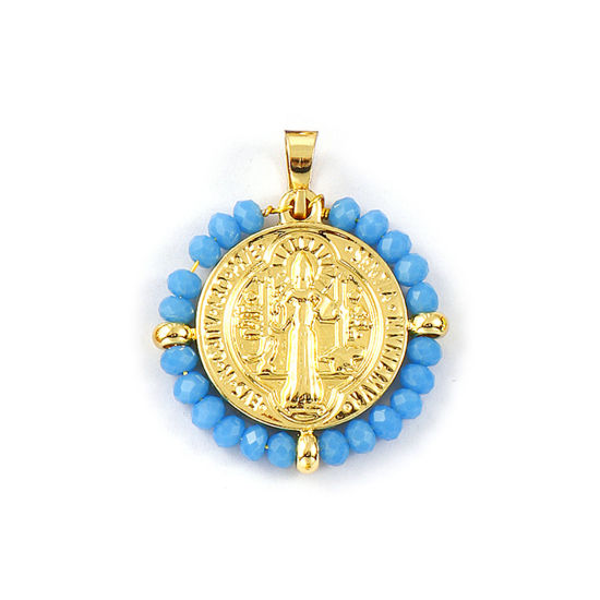 Immagine di 1 Pz Placcatura Sottovuoto PVD Ecologica 304 Acciaio Inossidabile & Vetro Religione Ciondoli Pendenti 18K Vero Oro Placcato Verde Tondo Disco Medaglia di San Benedetto Doppia Faccia 3.4cm x 2.8cm