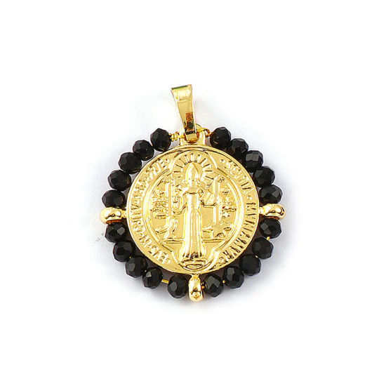 Immagine di 1 Pz Placcatura Sottovuoto PVD Ecologica 304 Acciaio Inossidabile & Vetro Religione Ciondoli Pendenti 18K Vero Oro Placcato Nero Tondo Disco Medaglia di San Benedetto Doppia Faccia 3.4cm x 2.8cm