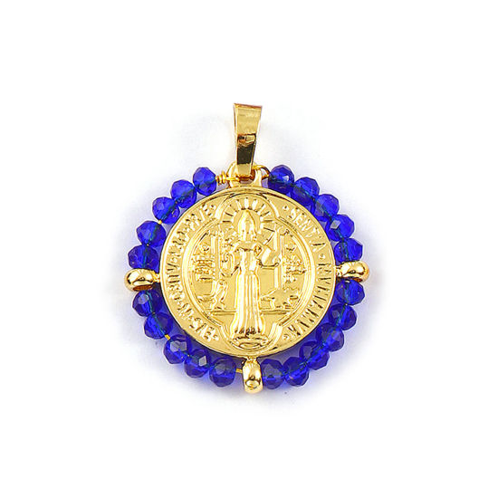 Immagine di 1 Pz Placcatura Sottovuoto PVD Ecologica 304 Acciaio Inossidabile & Vetro Religione Ciondoli Pendenti 18K Vero Oro Placcato Blu Scuro Tondo Disco Medaglia di San Benedetto Doppia Faccia 3.4cm x 2.8cm