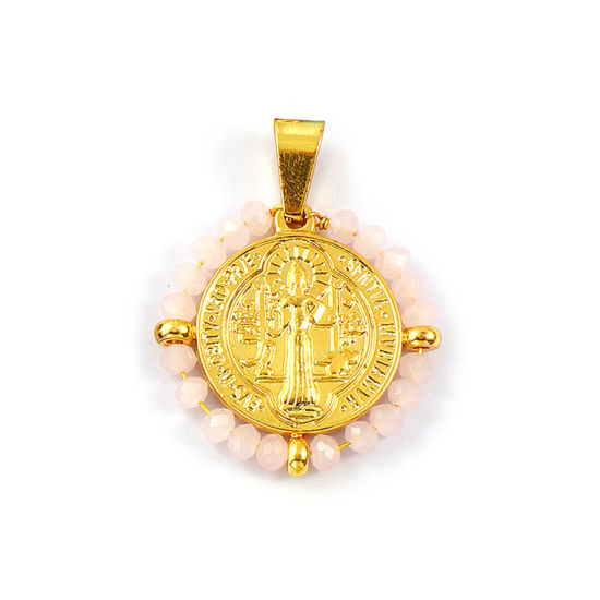Immagine di 1 Pz Placcatura Sottovuoto PVD Ecologica 304 Acciaio Inossidabile & Vetro Religione Ciondoli Pendenti 18K Vero Oro Placcato Rosa Tondo Disco Medaglia di San Benedetto Doppia Faccia 3.4cm x 2.8cm