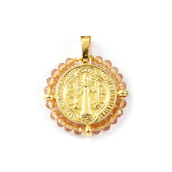 Immagine di 1 Pz Placcatura Sottovuoto PVD Ecologica 304 Acciaio Inossidabile & Vetro Religione Ciondoli Pendenti 18K Vero Oro Placcato Champagne Tondo Disco Medaglia di San Benedetto Doppia Faccia 3.4cm x 2.8cm