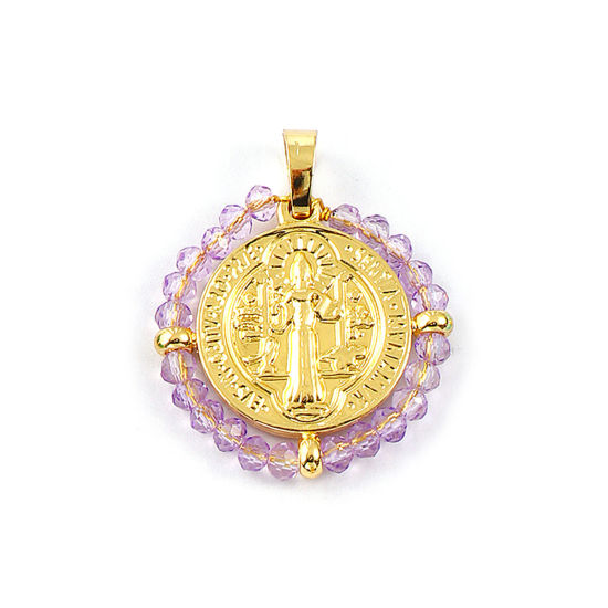 Immagine di 1 Pz Placcatura Sottovuoto PVD Ecologica 304 Acciaio Inossidabile & Vetro Religione Ciondoli Pendenti 18K Vero Oro Placcato Viola Chiaro Tondo Disco Medaglia di San Benedetto Doppia Faccia 3.4cm x 2.8cm