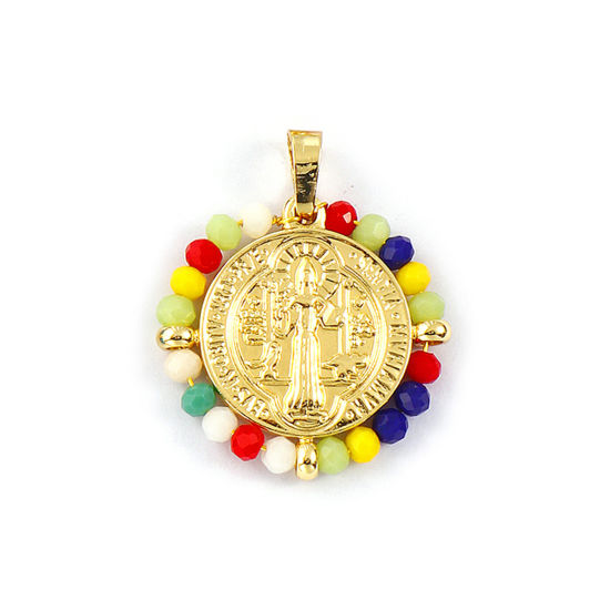 Immagine di 1 Pz Placcatura Sottovuoto PVD Ecologica 304 Acciaio Inossidabile & Vetro Religione Ciondoli Pendenti 18K Vero Oro Placcato Multicolore Tondo Disco Medaglia di San Benedetto Doppia Faccia 3.4cm x 2.8cm