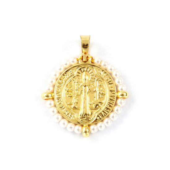 Immagine di 1 Pz Placcatura Sottovuoto PVD Ecologica 304 Acciaio Inossidabile & Vetro Religione Ciondoli Pendenti 18K Vero Oro Placcato Bianco Tondo Disco Medaglia di San Benedetto Doppia Faccia 3.4cm x 2.8cm