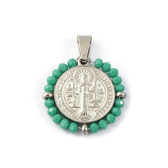 Bild von 1 Stück Umweltfreundlich 304 Edelstahl & Glas Religiös Anhänger Silberfarbe Grün Rund Scheibe St. Benedikt-Medaille Doppelseitig 3.6cm x 2.8cm