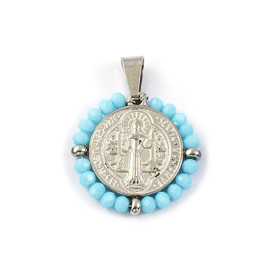 Bild von 1 Stück Umweltfreundlich 304 Edelstahl & Glas Religiös Anhänger Silberfarbe Hellblau Rund Scheibe St. Benedikt-Medaille Doppelseitig 3.6cm x 2.8cm