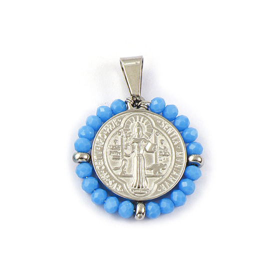 Bild von 1 Stück Umweltfreundlich 304 Edelstahl & Glas Religiös Anhänger Silberfarbe Blau Rund Scheibe St. Benedikt-Medaille Doppelseitig 3.6cm x 2.8cm
