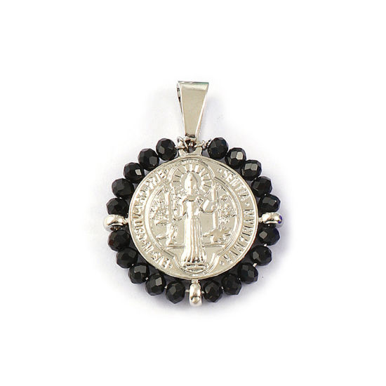 Bild von 1 Stück Umweltfreundlich 304 Edelstahl & Glas Religiös Anhänger Silberfarbe Schwarz Rund Scheibe St. Benedikt-Medaille Doppelseitig 3.6cm x 2.8cm