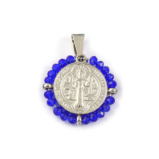 Bild von 1 Stück Umweltfreundlich 304 Edelstahl & Glas Religiös Anhänger Silberfarbe Dunkelblau Rund Scheibe St. Benedikt-Medaille Doppelseitig 3.6cm x 2.8cm