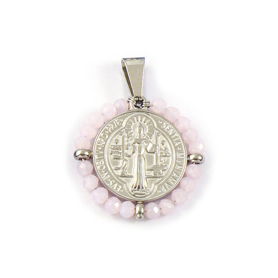 Bild von 1 Stück Umweltfreundlich 304 Edelstahl & Glas Religiös Anhänger Silberfarbe Rosa Rund Scheibe St. Benedikt-Medaille Doppelseitig 3.6cm x 2.8cm