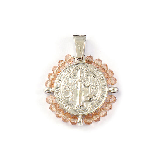 Bild von 1 Stück Umweltfreundlich 304 Edelstahl & Glas Religiös Anhänger Silberfarbe Sektfarben Rund Scheibe St. Benedikt-Medaille Doppelseitig 3.6cm x 2.8cm