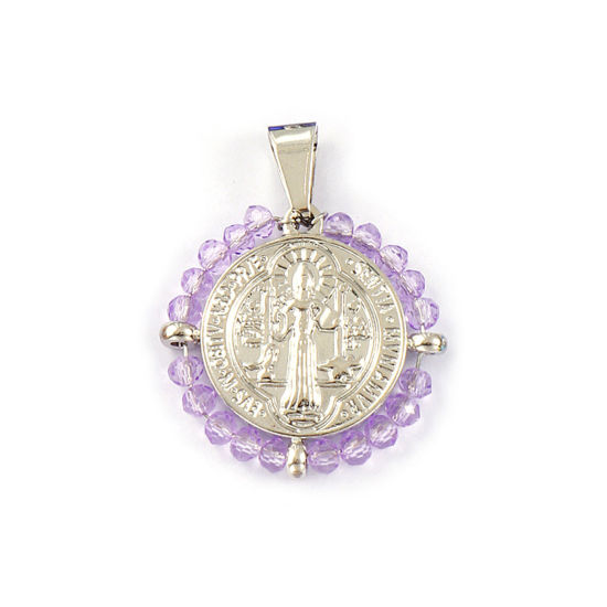 Bild von 1 Stück Umweltfreundlich 304 Edelstahl & Glas Religiös Anhänger Silberfarbe Helllila Rund Scheibe St. Benedikt-Medaille Doppelseitig 3.6cm x 2.8cm