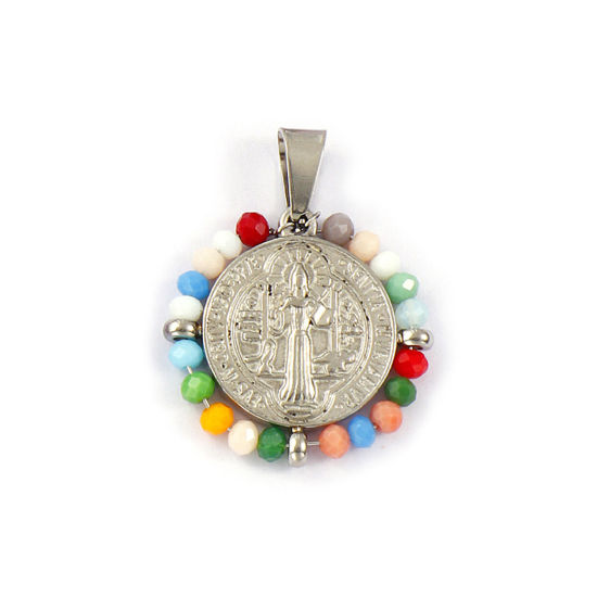 Bild von 1 Stück Umweltfreundlich 304 Edelstahl & Glas Religiös Anhänger Silberfarbe Bunt Rund Scheibe St. Benedikt-Medaille Doppelseitig 3.6cm x 2.8cm