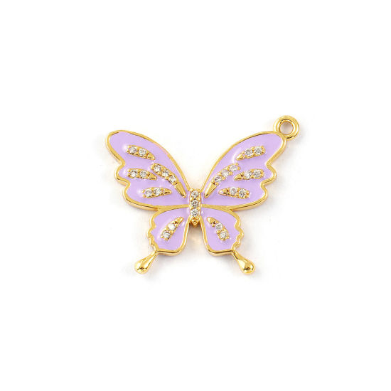 Изображение 1 Piece Brass Insect Charms 18K Gold Plated Purple Enamel Butterfly Animal Micro Pave Clear Cubic Zirconia 26mm x 22mm